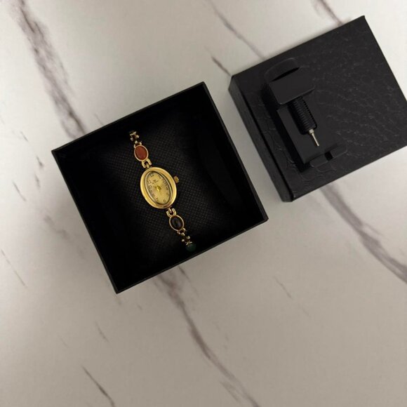 American Vintage Accessories - Sku:0463 gold mini watch bracelet with multicoloured natural‎ stones + gift bag